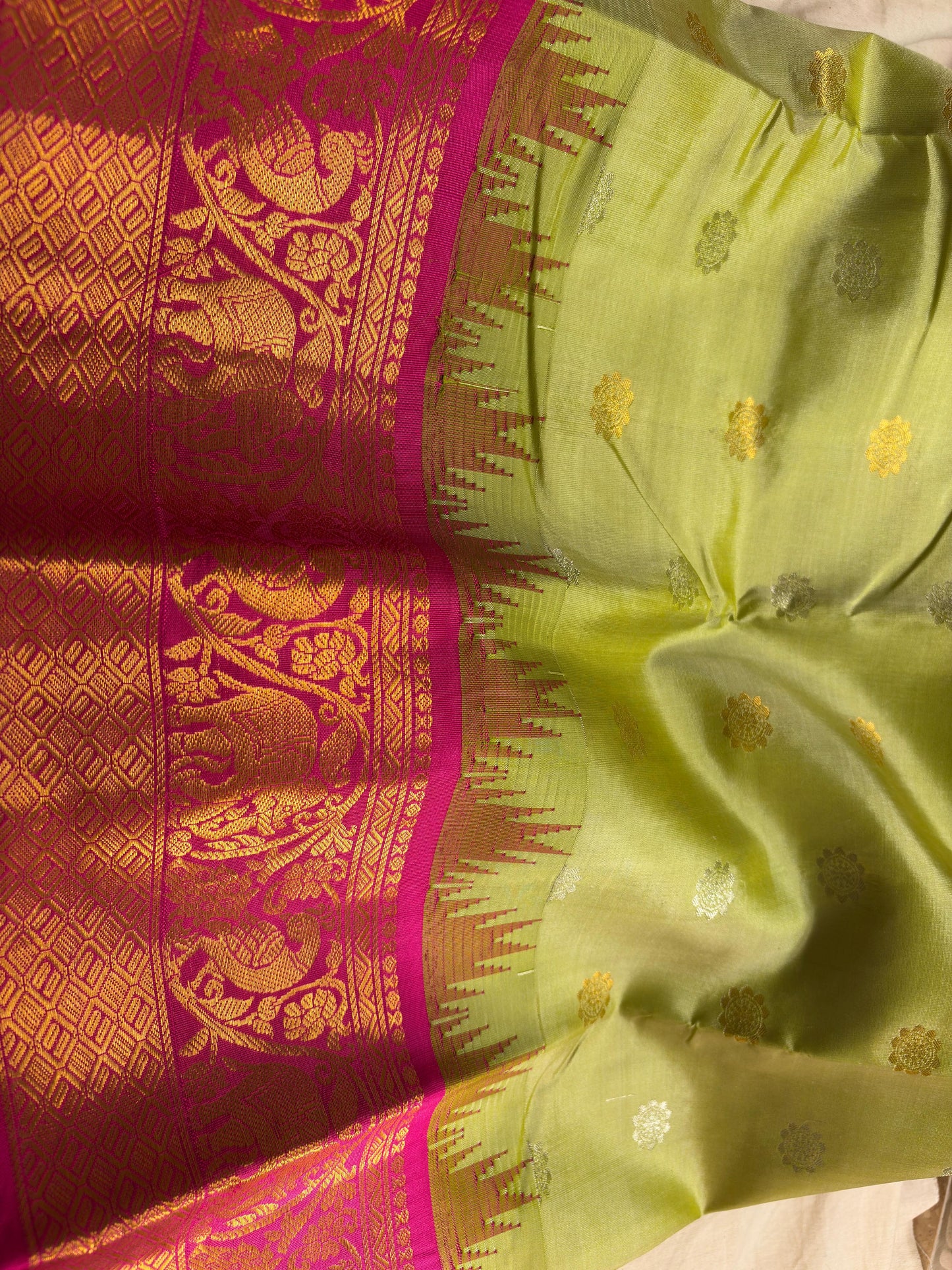 Green Pista Pure Silk Kanjivaram Saree with Bright Rose Pink and Golden Zari border | SILK MARK CERTIFIED