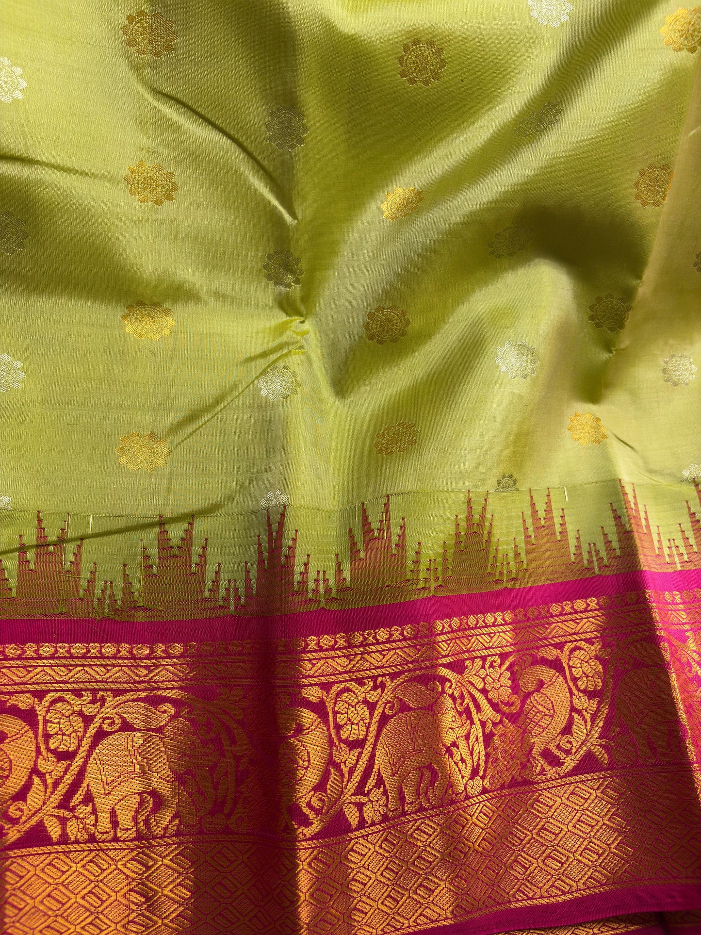 Green Pista Pure Silk Kanjivaram Saree with Bright Rose Pink and Golden Zari border | SILK MARK CERTIFIED