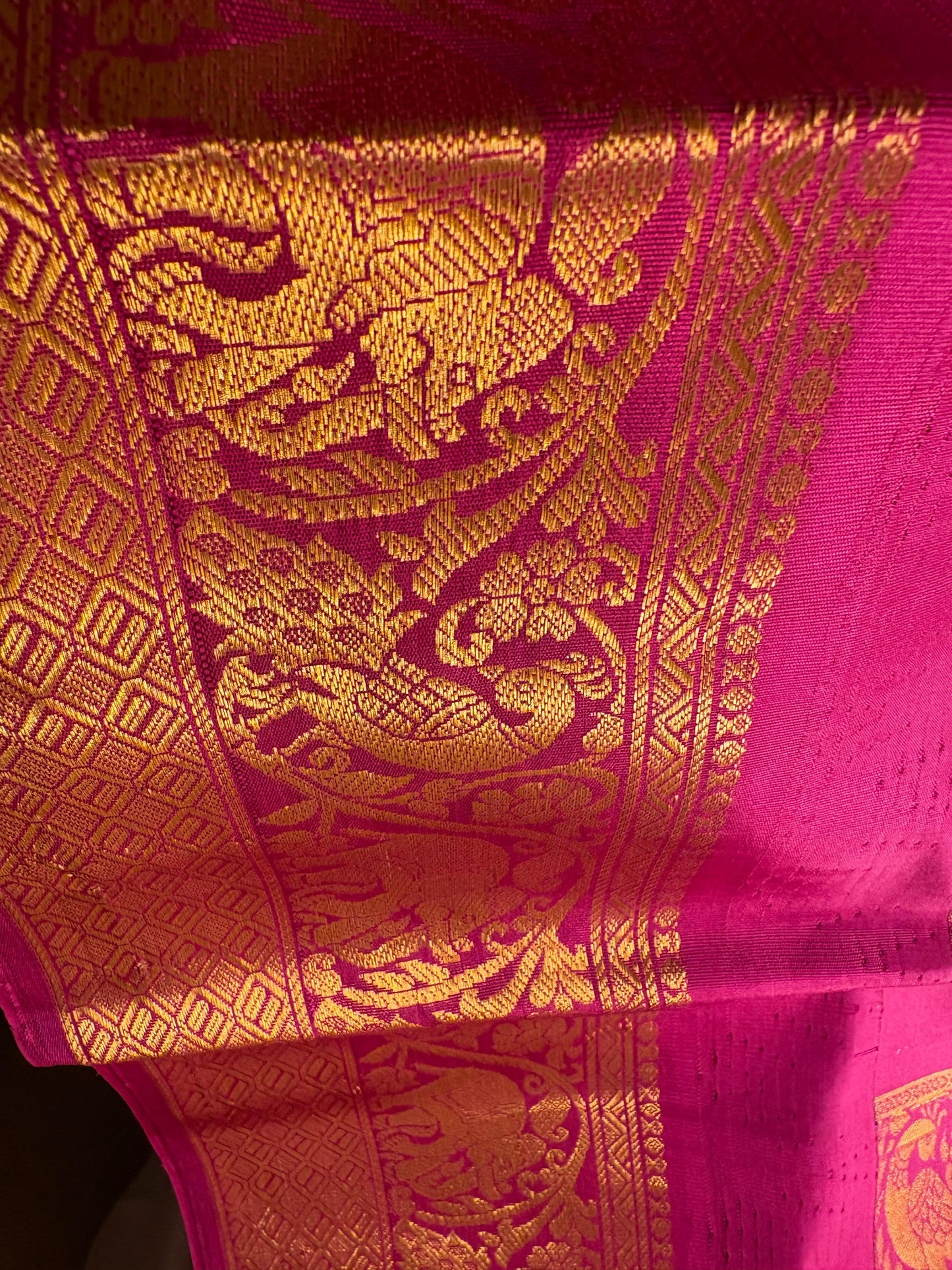 Green Pista Pure Silk Kanjivaram Saree with Bright Rose Pink and Golden Zari border | SILK MARK CERTIFIED