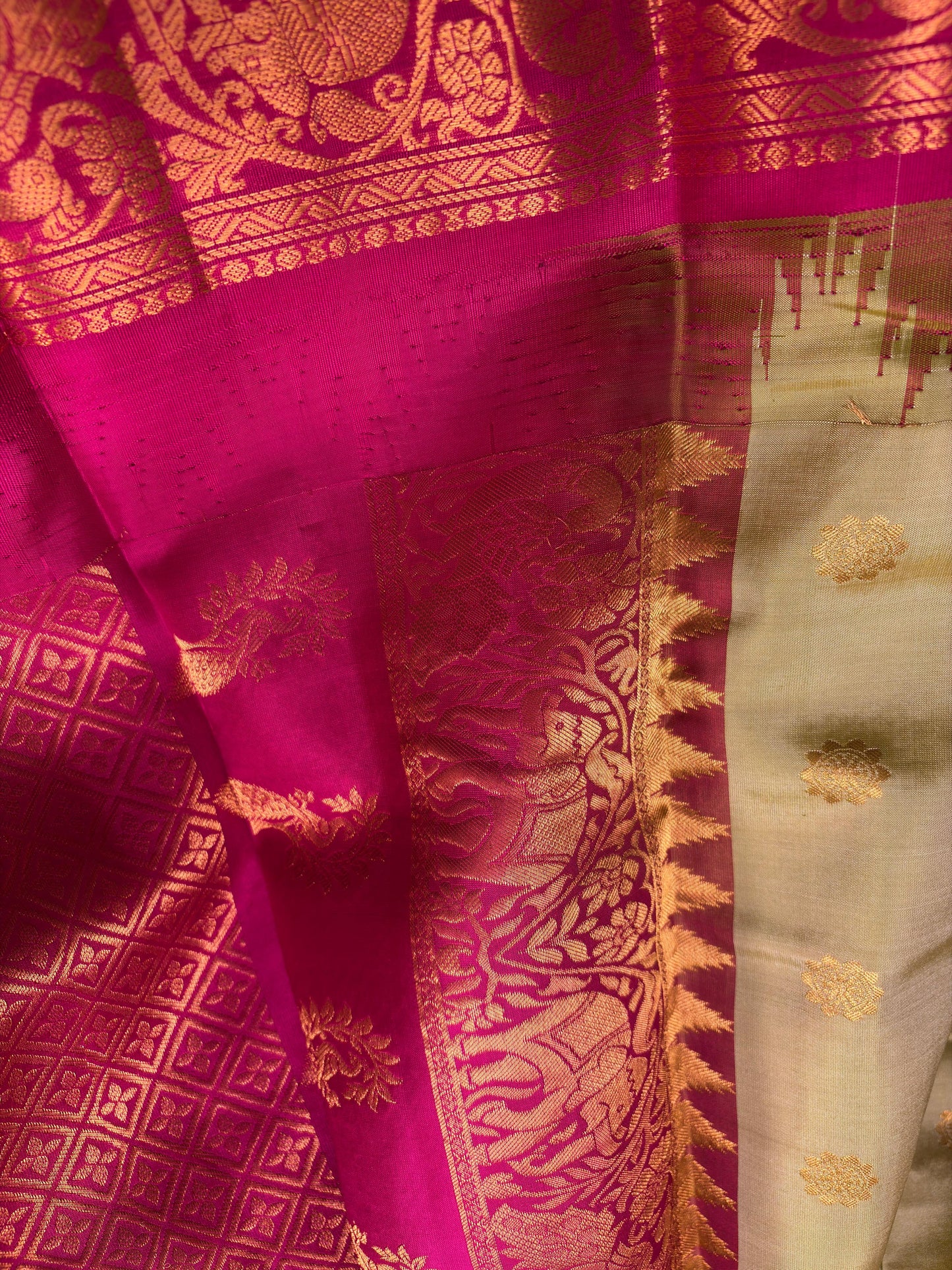 Green Pista Pure Silk Kanjivaram Saree with Bright Rose Pink and Golden Zari border | SILK MARK CERTIFIED