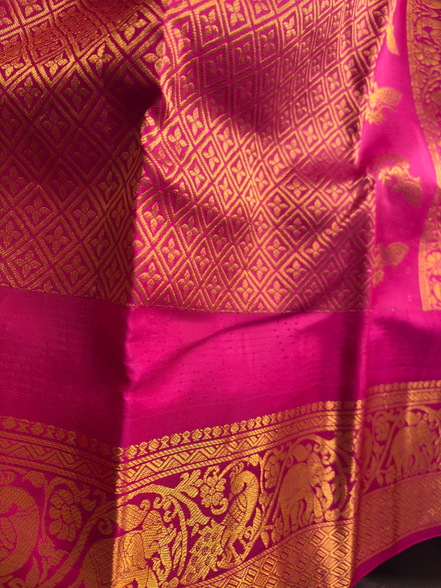 Green Pista Pure Silk Kanjivaram Saree with Bright Rose Pink and Golden Zari border | SILK MARK CERTIFIED