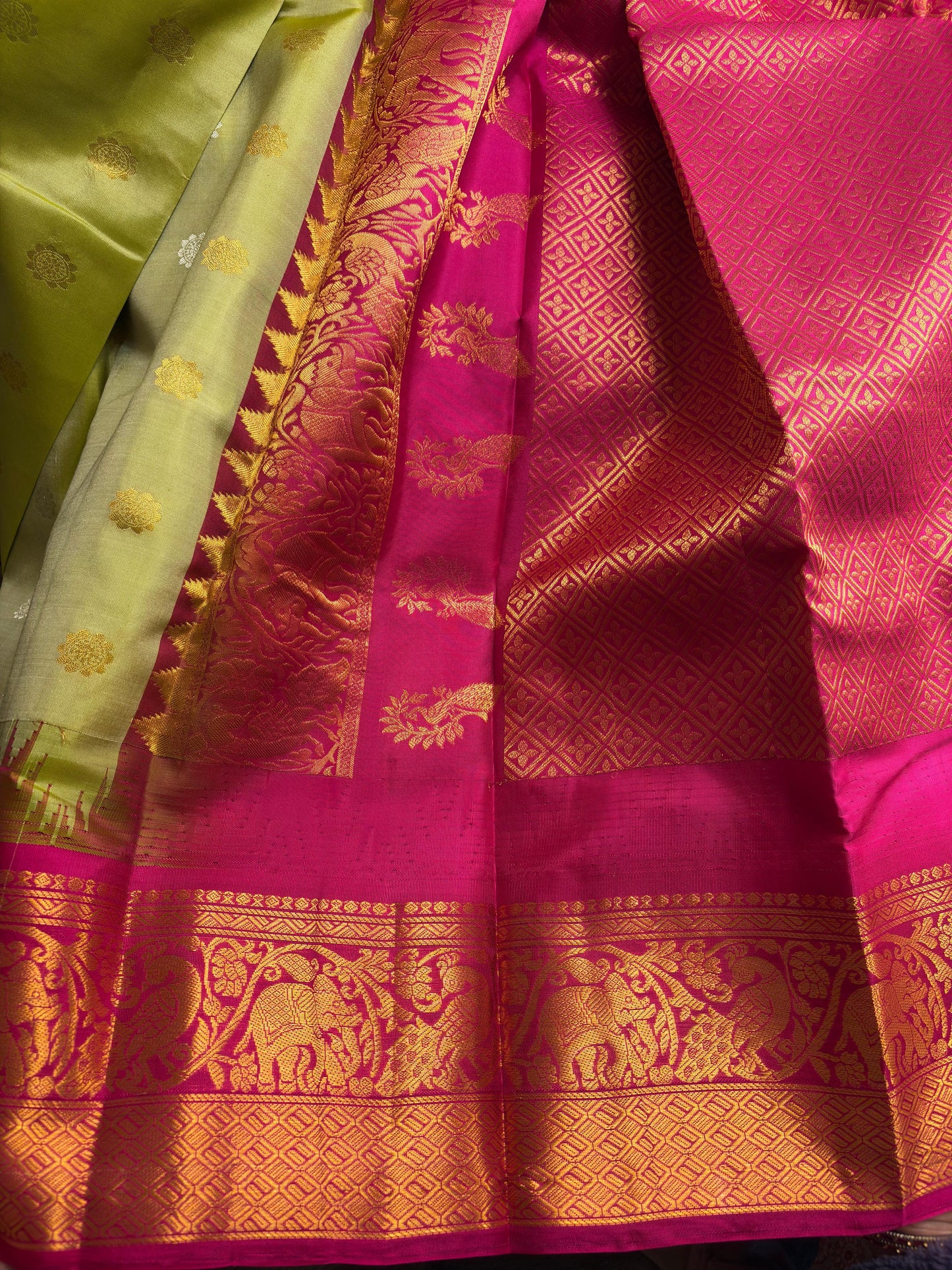Green Pista Pure Silk Kanjivaram Saree with Bright Rose Pink and Golden Zari border | SILK MARK CERTIFIED