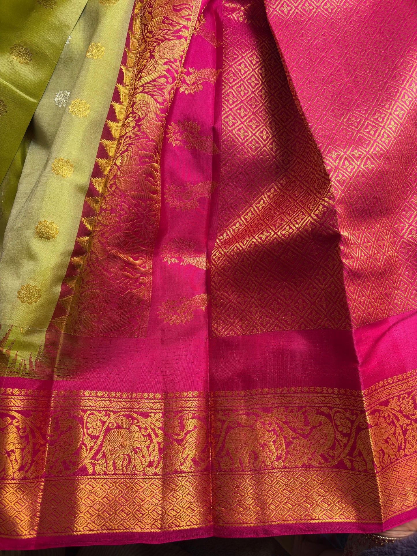 Green Pista Pure Silk Kanjivaram Saree with Bright Rose Pink and Golden Zari border | SILK MARK CERTIFIED