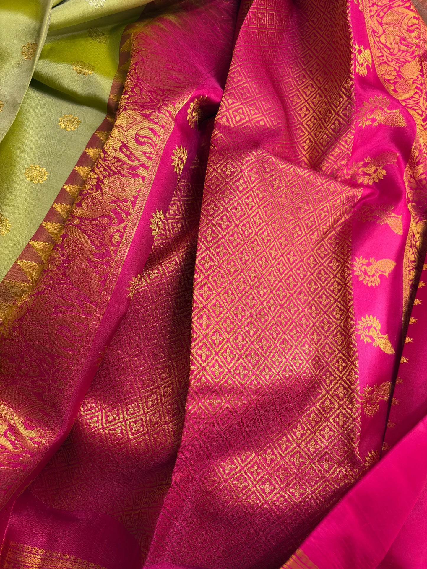 Green Pista Pure Silk Kanjivaram Saree with Bright Rose Pink and Golden Zari border | SILK MARK CERTIFIED