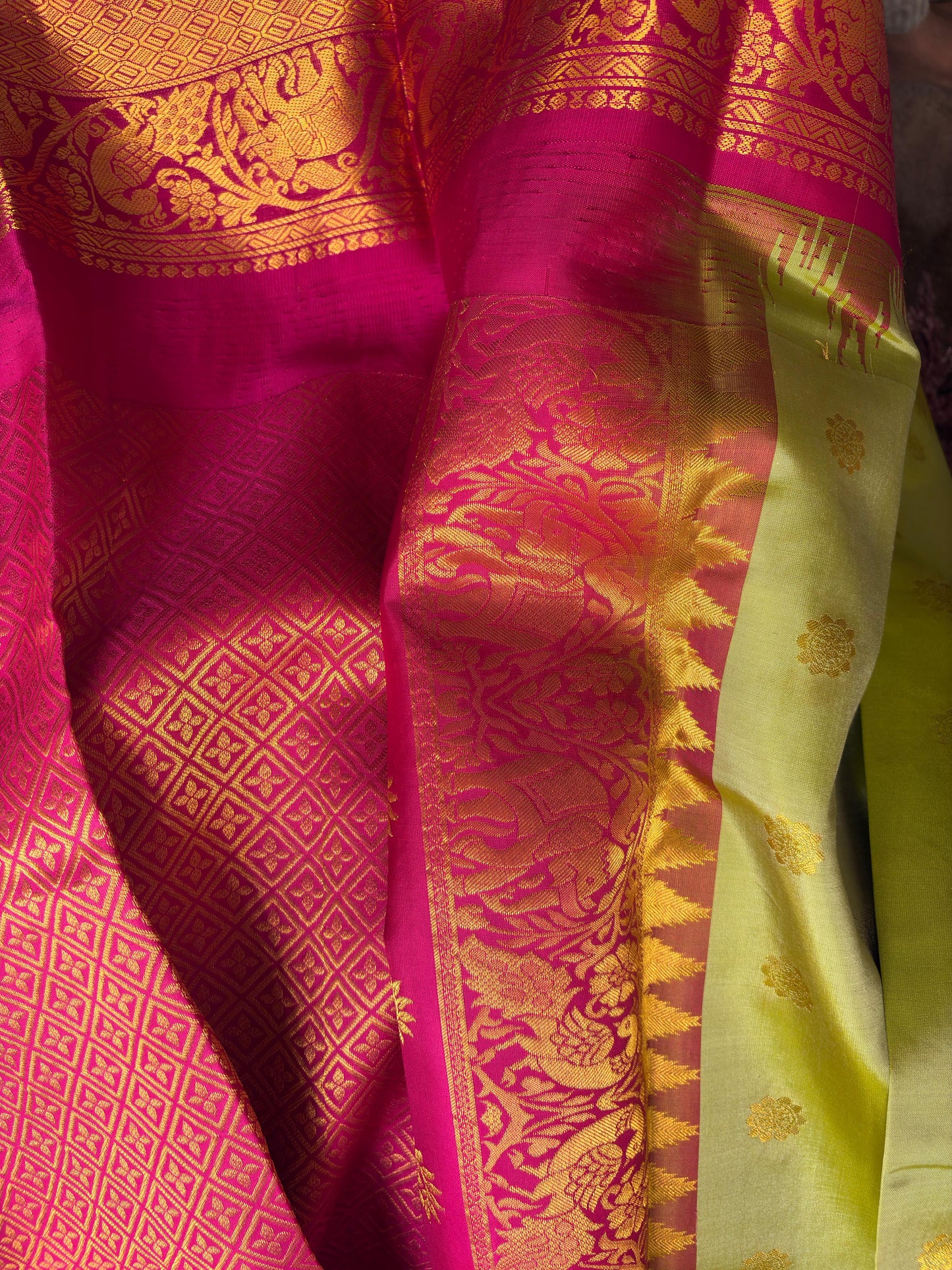 Green Pista Pure Silk Kanjivaram Saree with Bright Rose Pink and Golden Zari border | SILK MARK CERTIFIED