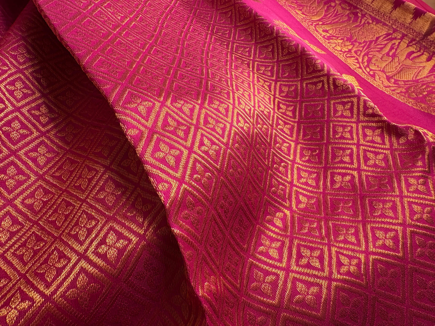 Green Pista Pure Silk Kanjivaram Saree with Bright Rose Pink and Golden Zari border | SILK MARK CERTIFIED