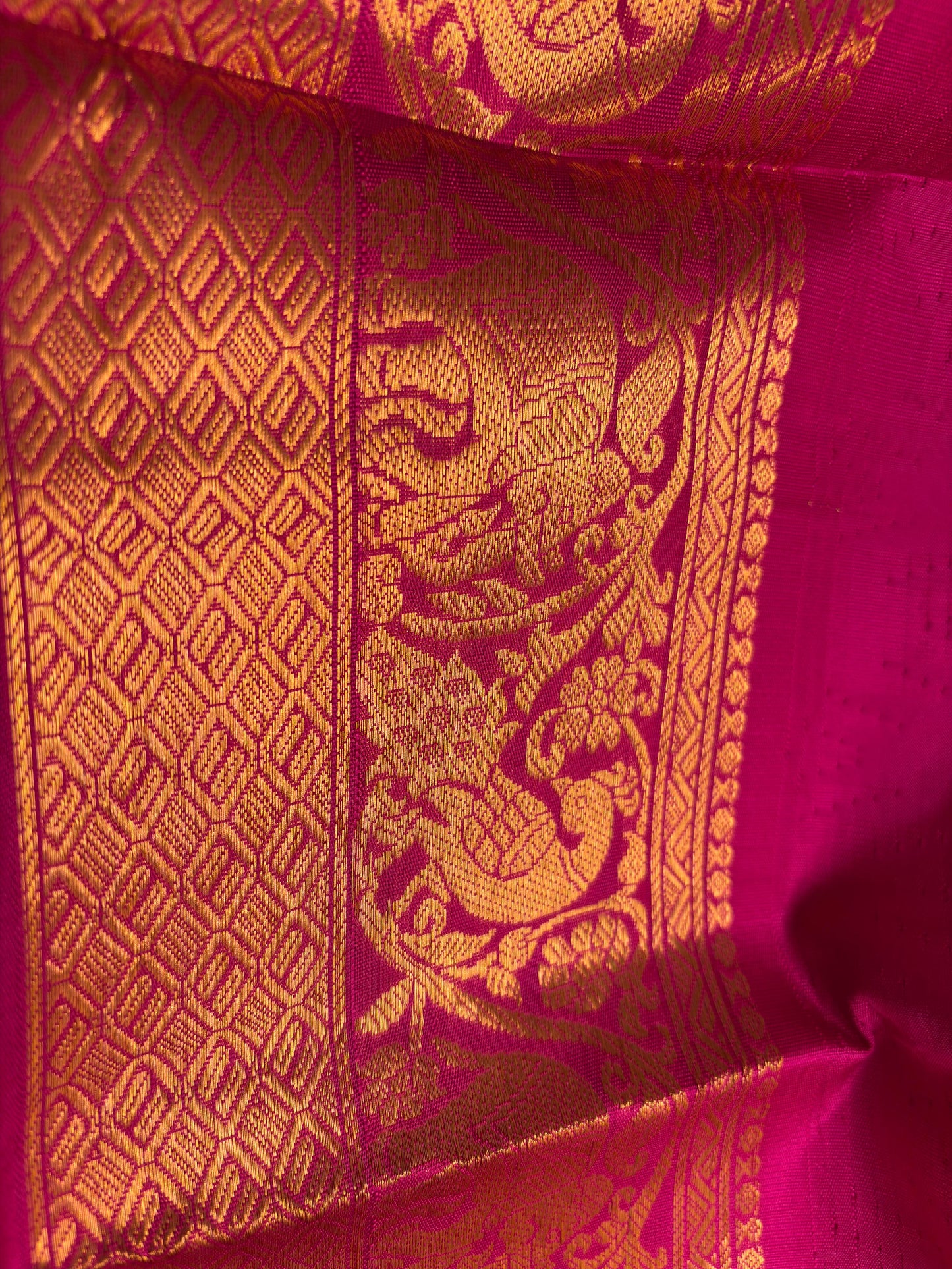 Green Pista Pure Silk Kanjivaram Saree with Bright Rose Pink and Golden Zari border | SILK MARK CERTIFIED