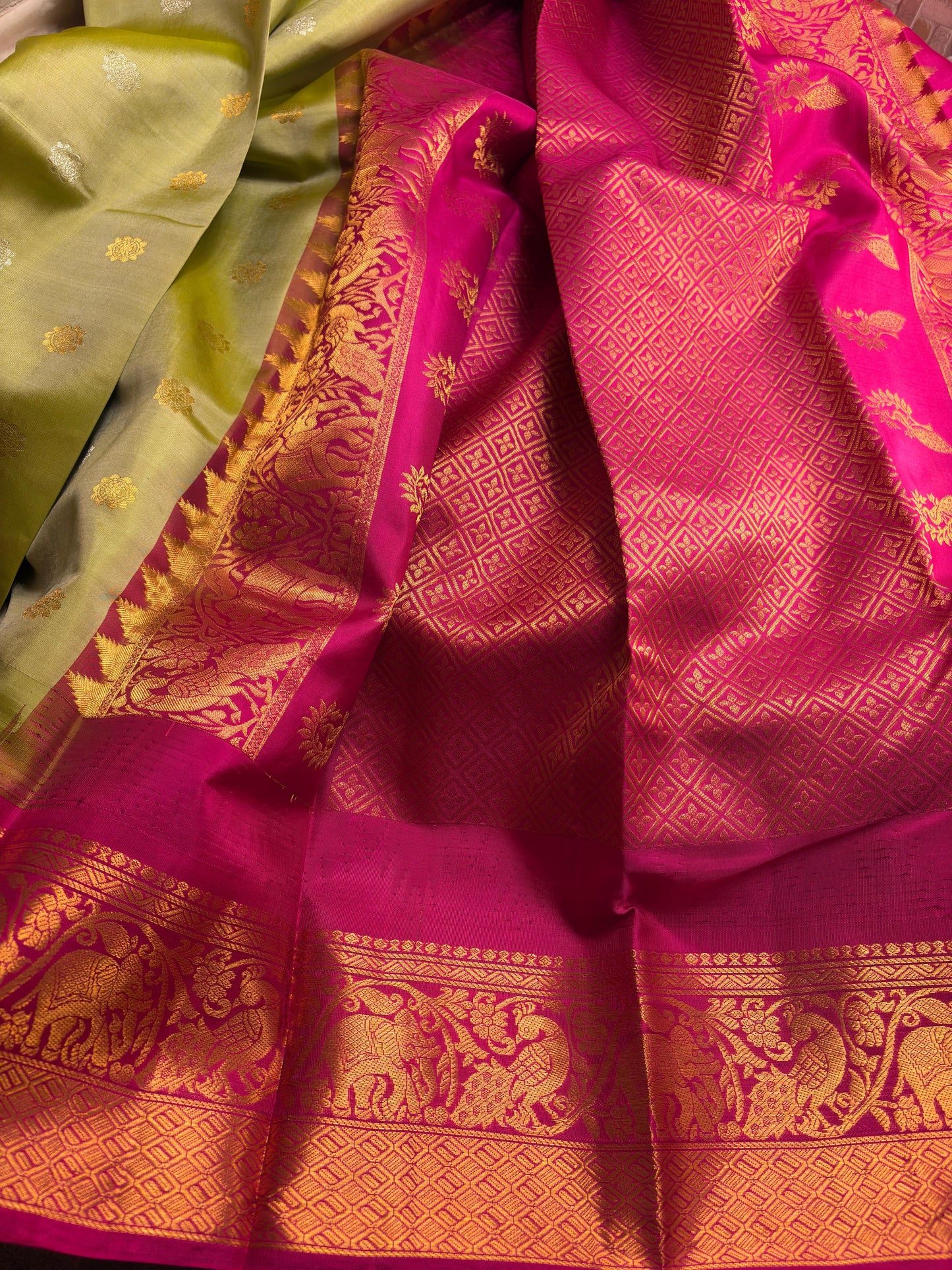 Green Pista Pure Silk Kanjivaram Saree with Bright Rose Pink and Golden Zari border | SILK MARK CERTIFIED