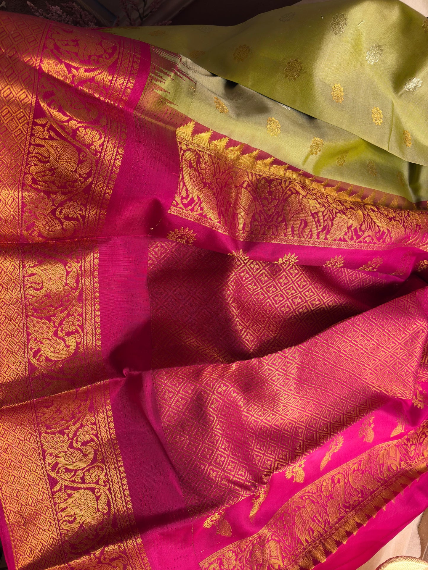 Green Pista Pure Silk Kanjivaram Saree with Bright Rose Pink and Golden Zari border | SILK MARK CERTIFIED