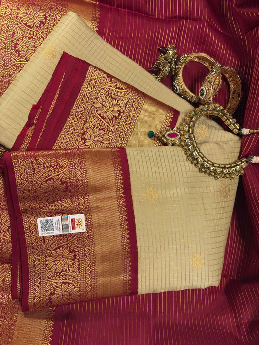 Light Pista Green Checks Pure Silk Kanjeevaram Gorgeous Golden Zari Pallu | Silk Mark Cert