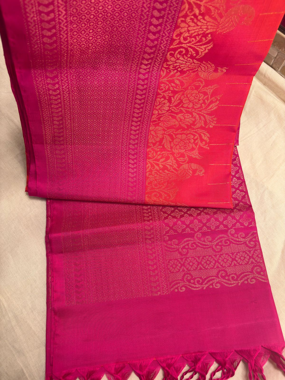 Very Lightweight flowy Pink Orange mix Color Pure Silk Kanjeevaram Saree Golden Zari Pallu | Silk Mark Cert