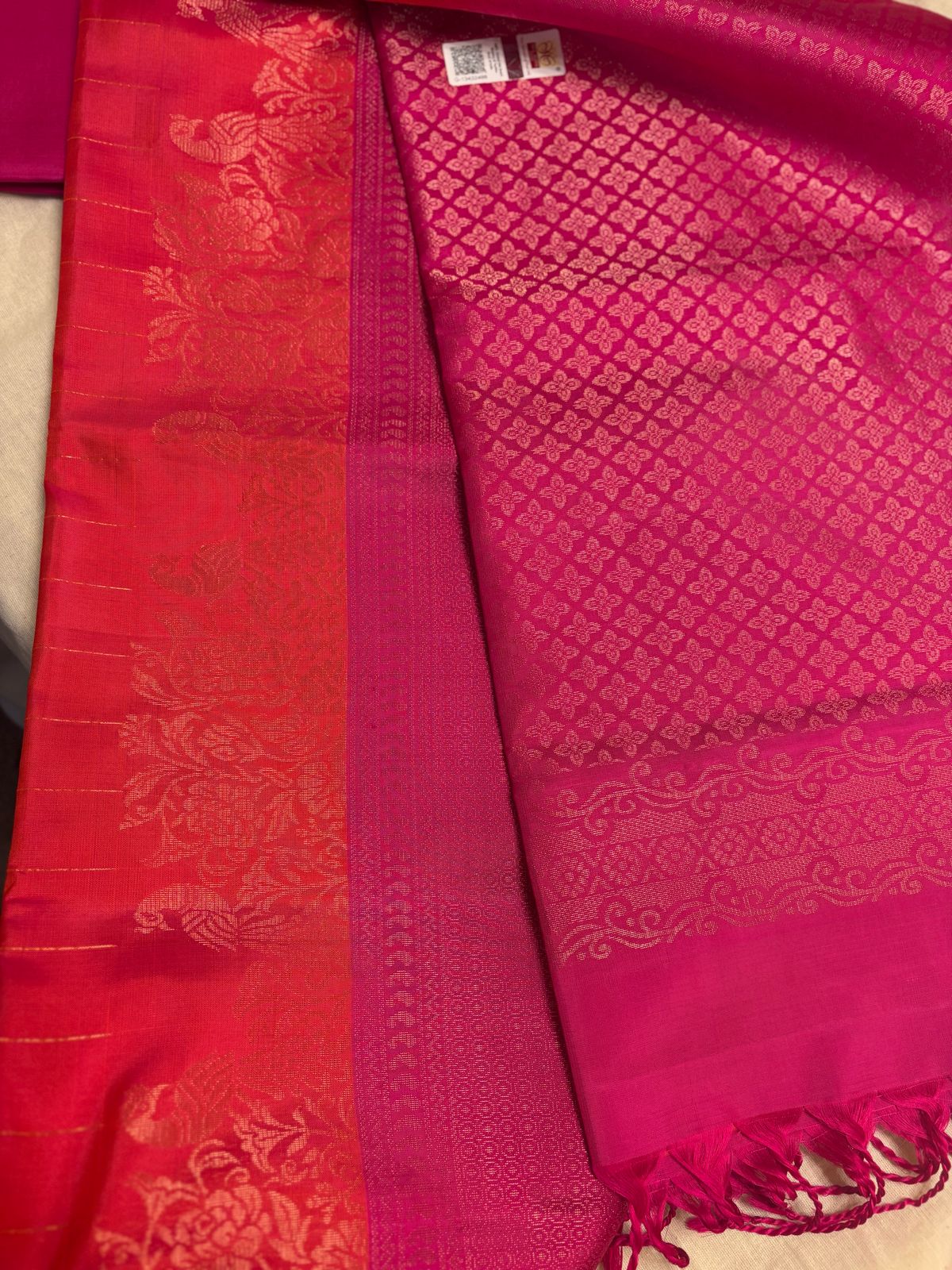 Very Lightweight flowy Pink Orange mix Color Pure Silk Kanjeevaram Saree Golden Zari Pallu | Silk Mark Cert