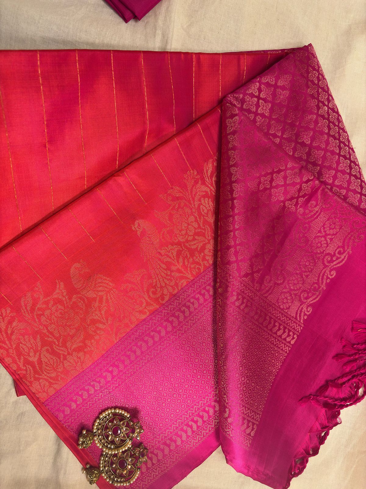 Very Lightweight flowy Pink Orange mix Color Pure Silk Kanjeevaram Saree Golden Zari Pallu | Silk Mark Cert