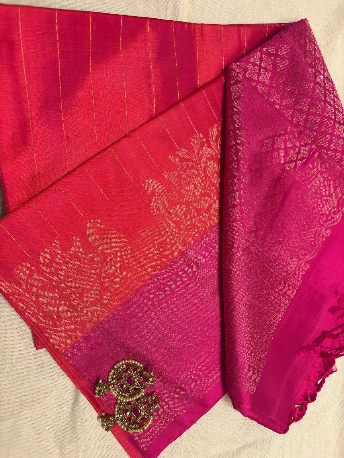 Very Lightweight flowy Pink Orange mix Color Pure Silk Kanjeevaram Saree Golden Zari Pallu | Silk Mark Cert