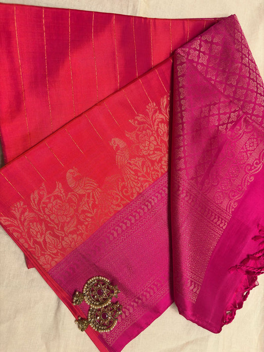 Very Lightweight flowy Pink Orange mix Color Pure Silk Kanjeevaram Saree Golden Zari Pallu | Silk Mark Cert