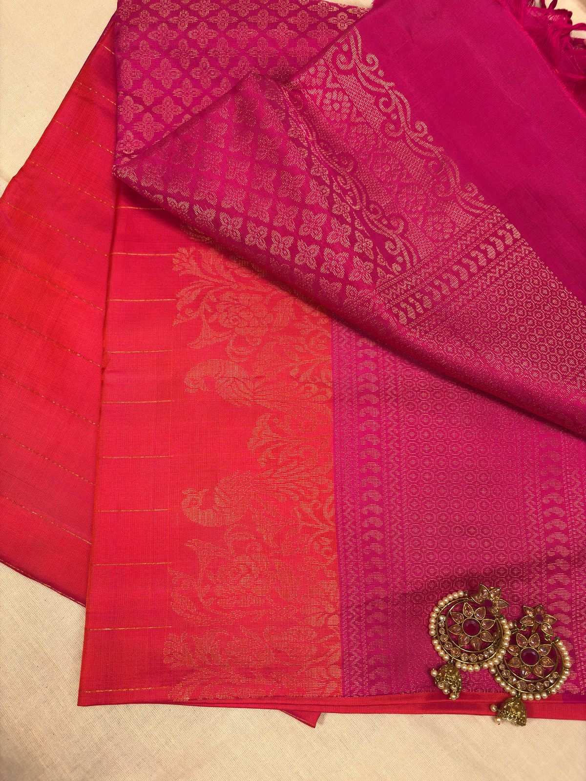 Very Lightweight flowy Pink Orange mix Color Pure Silk Kanjeevaram Saree Golden Zari Pallu | Silk Mark Cert