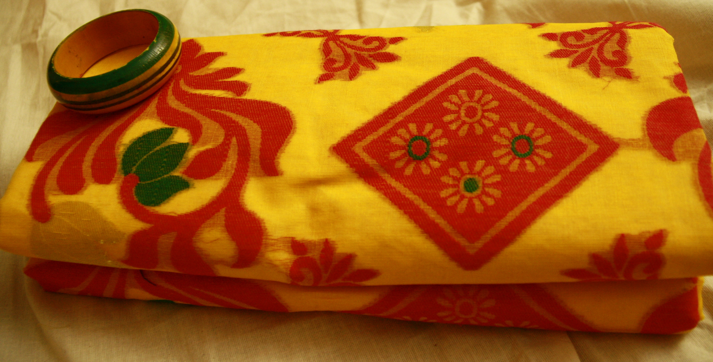 Sunshine Yellow Pure Cotton Handwoven Saree With Dark Pink and Green Threadwork | Bengali Jamdani Saree