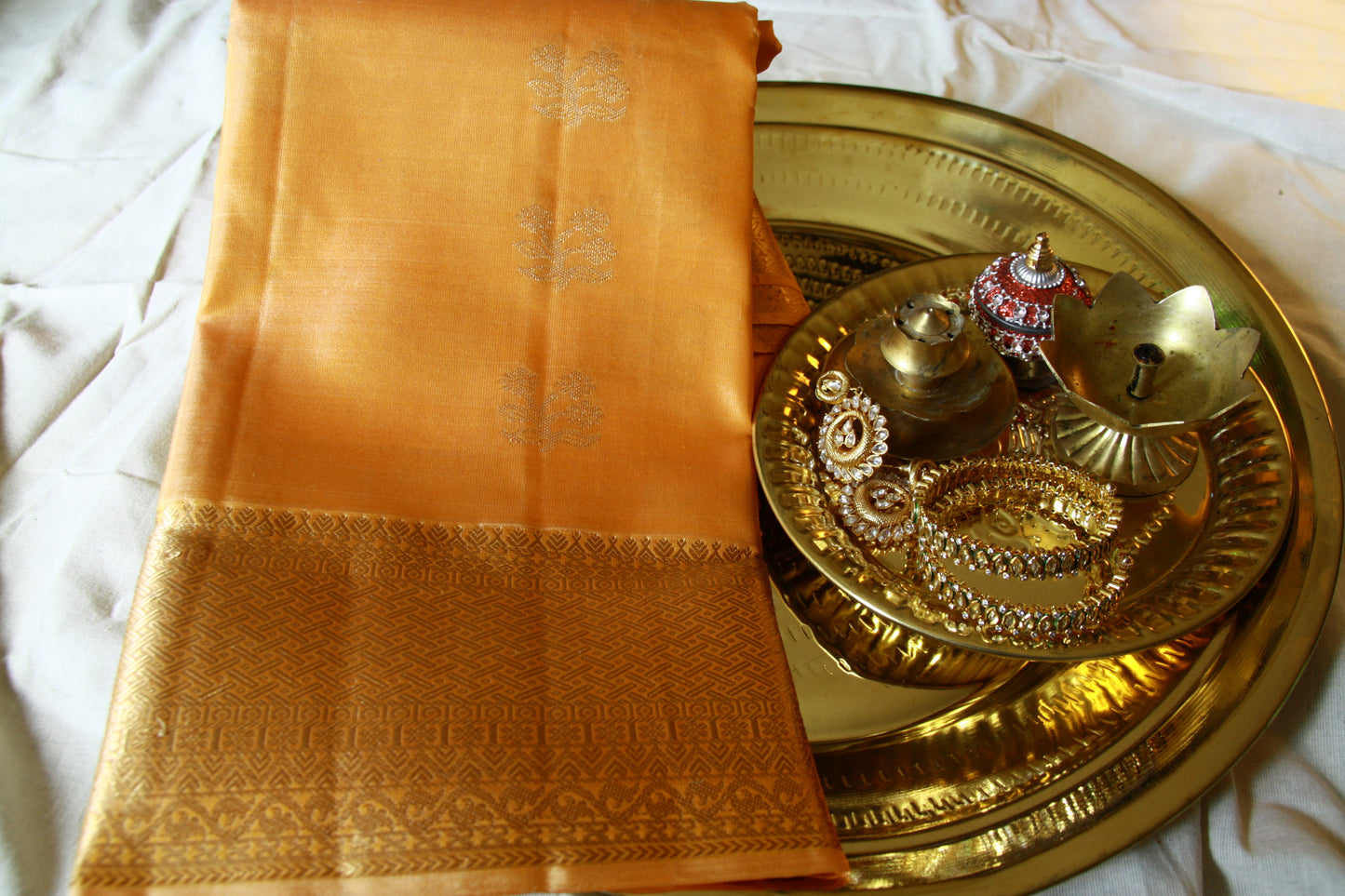 Sandalwood Orange Color Lightweight Pure Silk Kanjivaram Saree with Soft Golden Zari work | SILK MARK CERTIFIED