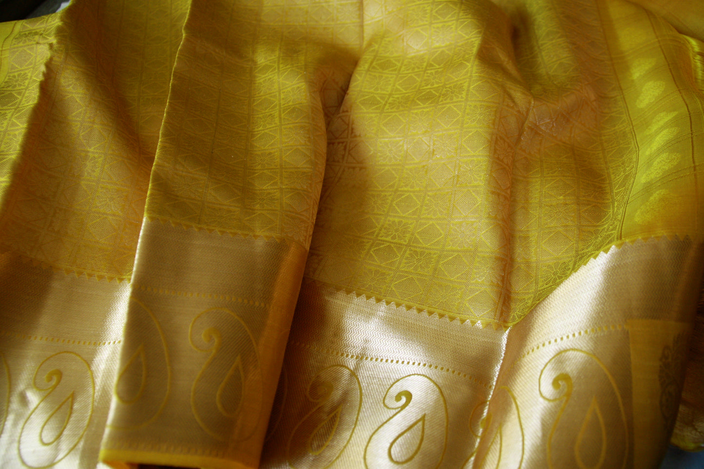 Sunset Yellow Pure Silk Kanjivaram Saree with Checks work | SILK MARK CERTIFIED