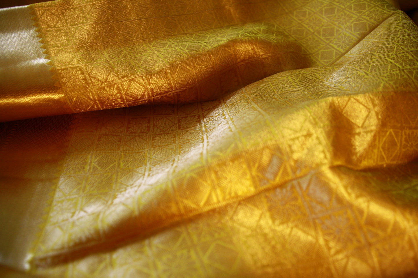 Sunset Yellow Pure Silk Kanjivaram Saree with Checks work | SILK MARK CERTIFIED