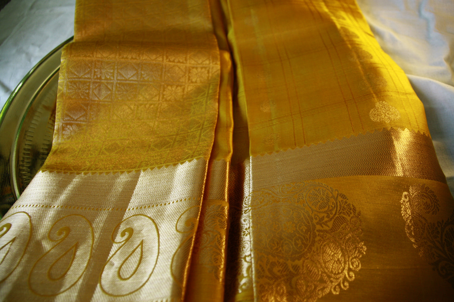 Sunset Yellow Pure Silk Kanjivaram Saree with Checks work | SILK MARK CERTIFIED