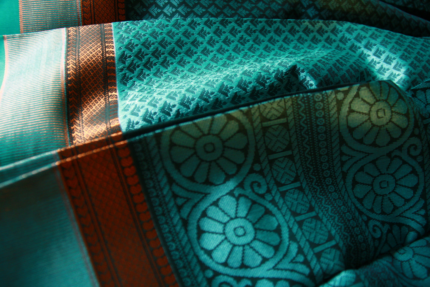 Dark Green Pure Cotton Saree with Aqua Blue and Copper Zari work