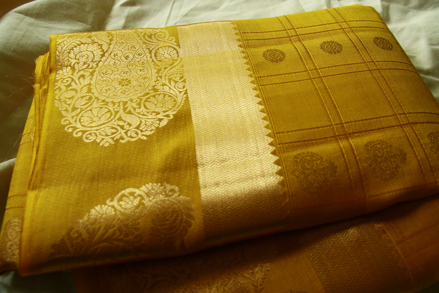 Sunset Yellow Pure Silk Kanjivaram Saree with Checks work | SILK MARK CERTIFIED