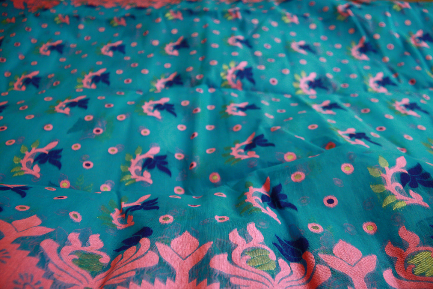 Pink Handwoven Thread work on Blue Saree | Bengali Jamdani Saree Pure Cotton