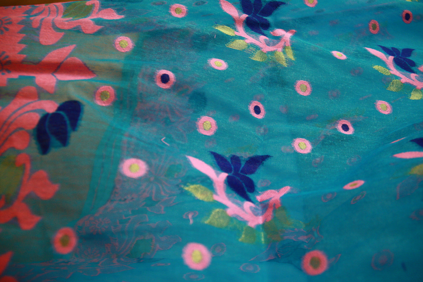 Pink Handwoven Thread work on Blue Saree | Bengali Jamdani Saree Pure Cotton