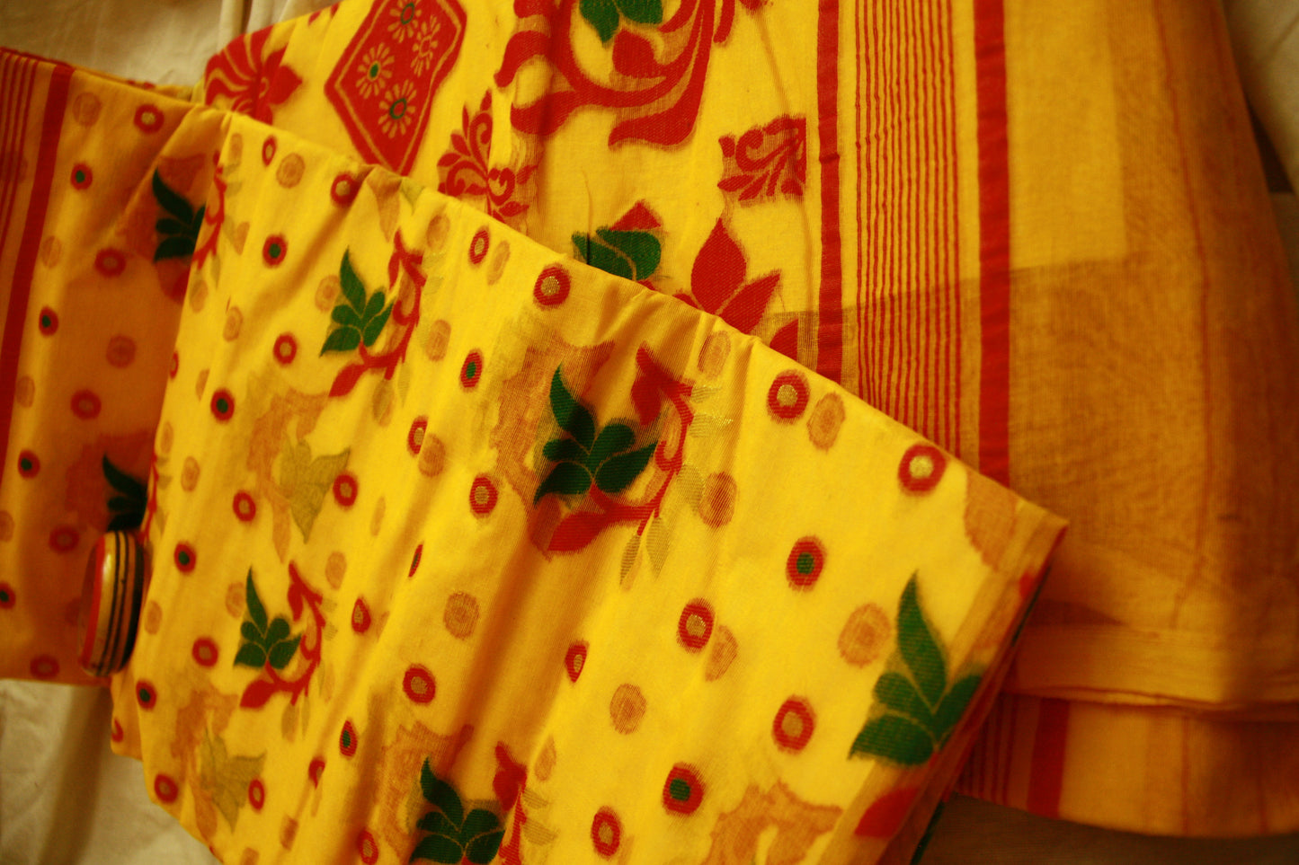 Sunshine Yellow Pure Cotton Handwoven Saree With Dark Pink and Green Threadwork | Bengali Jamdani Saree