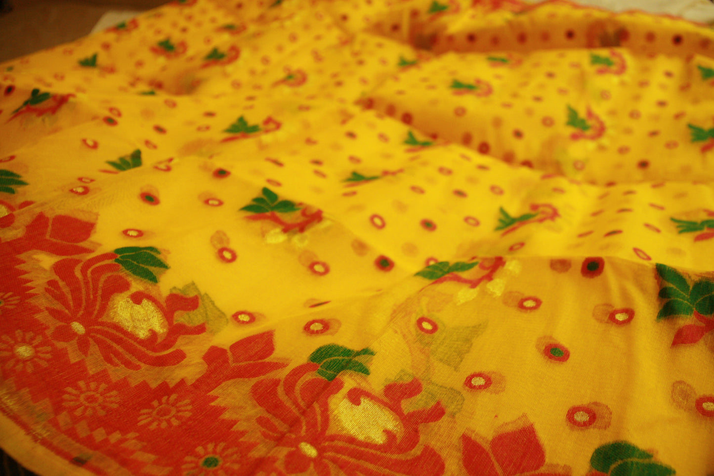 Sunshine Yellow Pure Cotton Handwoven Saree With Dark Pink and Green Threadwork | Bengali Jamdani Saree