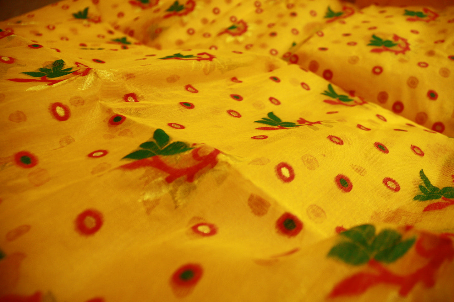 Sunshine Yellow Pure Cotton Handwoven Saree With Dark Pink and Green Threadwork | Bengali Jamdani Saree
