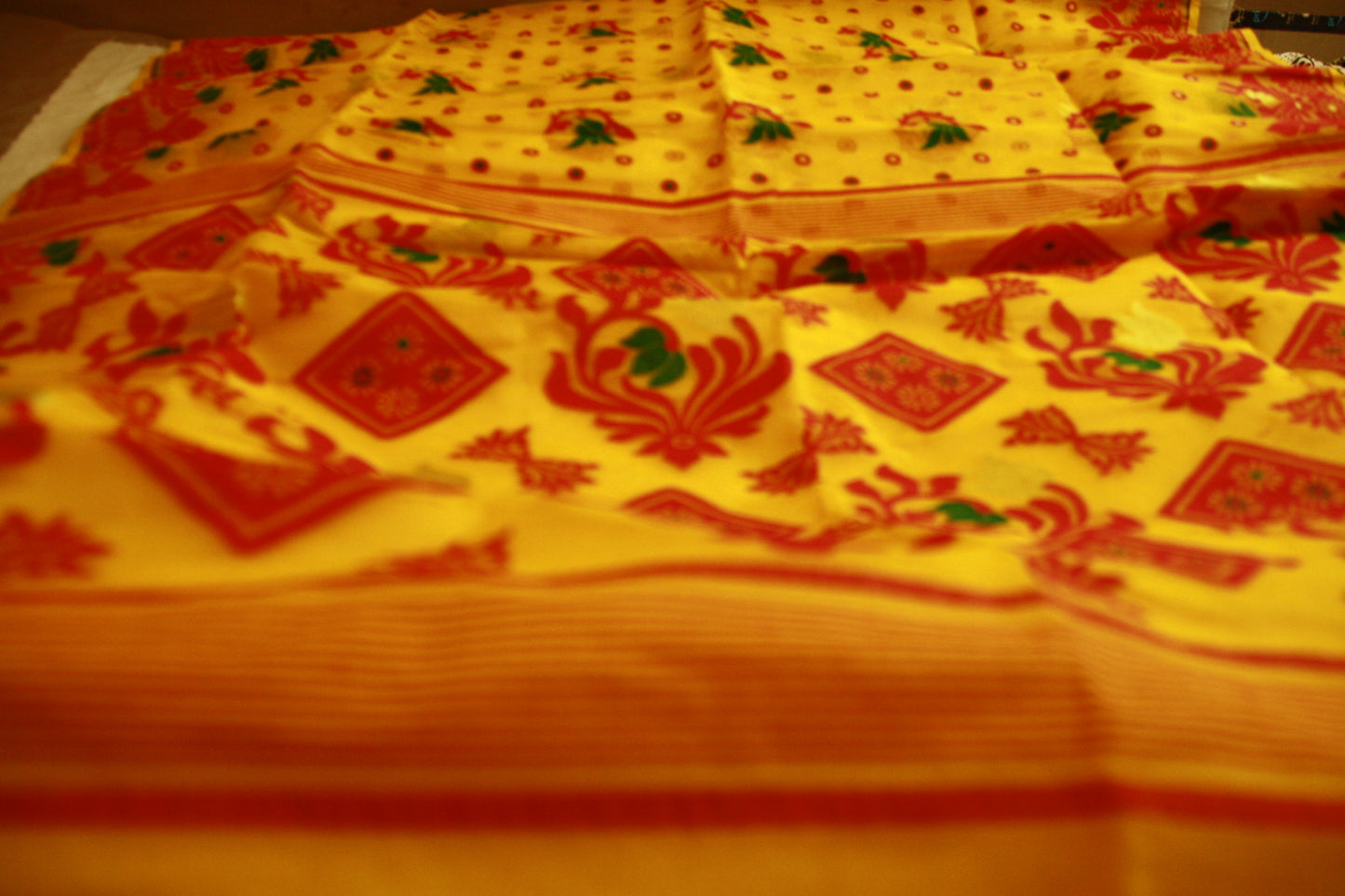 Sunshine Yellow Pure Cotton Handwoven Saree With Dark Pink and Green Threadwork | Bengali Jamdani Saree