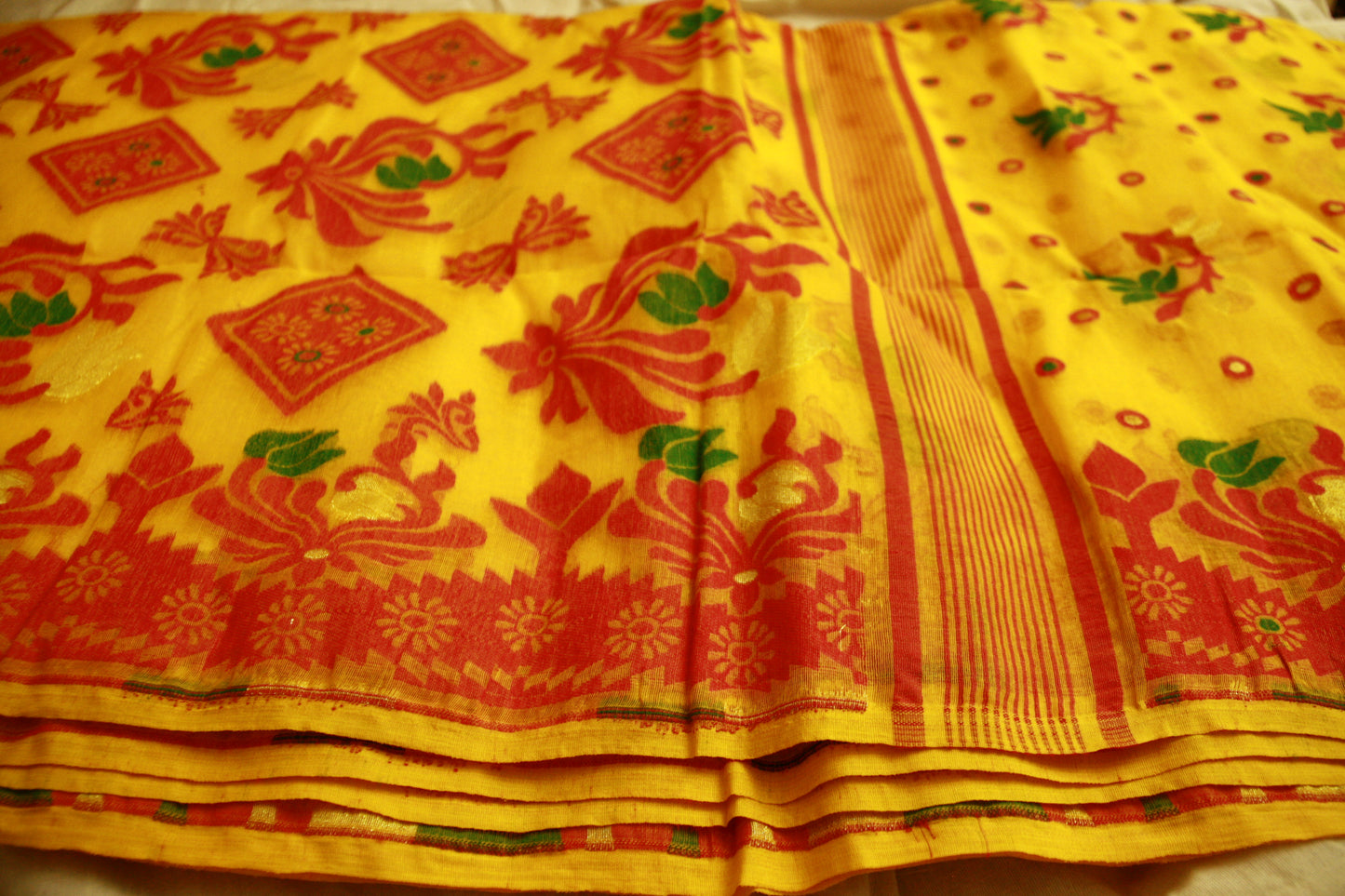 Sunshine Yellow Pure Cotton Handwoven Saree With Dark Pink and Green Threadwork | Bengali Jamdani Saree