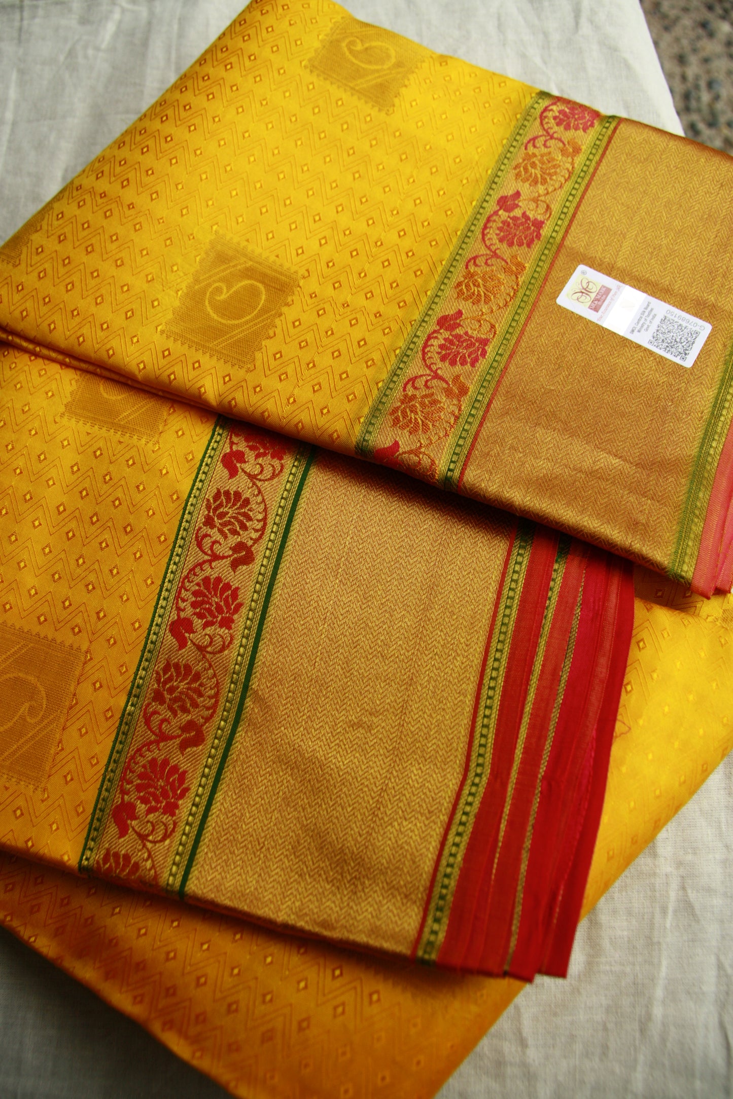 Vibrant Yellow Pure Silk Kanjivaram Saree with Pink and Golden Zari work. | SILK MARK CERTIFIED
