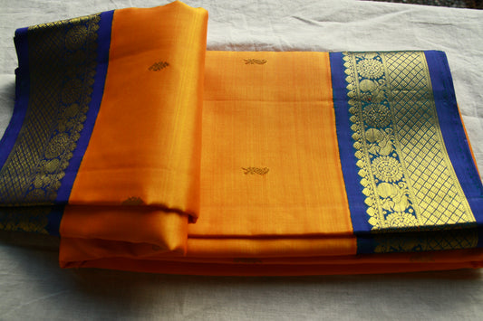 Orange Yellow Pure Silk Kanjivaram Saree with Golden Zari work | SILK MARK CERTIFIED