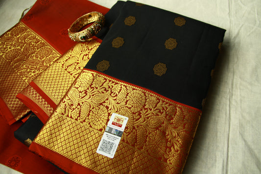 Black Pure Silk Lightweight Kanjeevaram Saree Flower motifs Gorgeous Red Golden Zari Pallu | Silk Mark Cert
