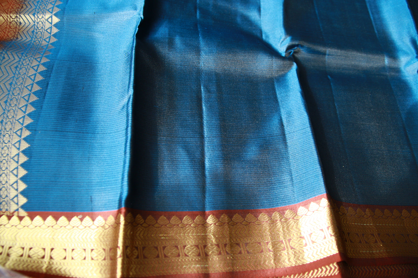 Peacock Blue Pure Silk Lightweight  Kanjeevaram Saree Gorgeous Maroon Golden Zari Pallu | Silk Mark Cert