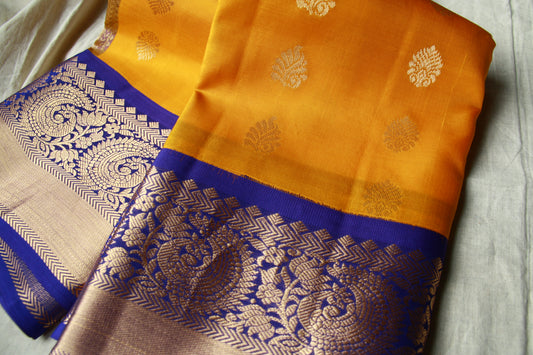 Lightweight Kanjeevaram Saree Yellow Color Pure Silk Peacock Border Dark Blue Golden Zari Pallu | Silk Mark Cert