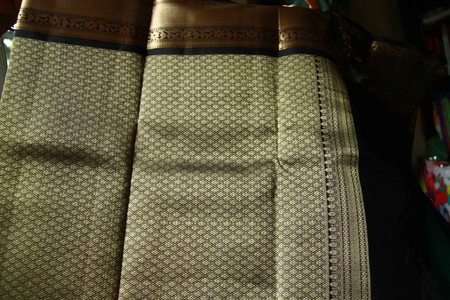 Bottle Green Color Pure Silk Lightweight Kanjeevaram Saree with contrast Black Golden Zari Pallu | Silk Mark Cert