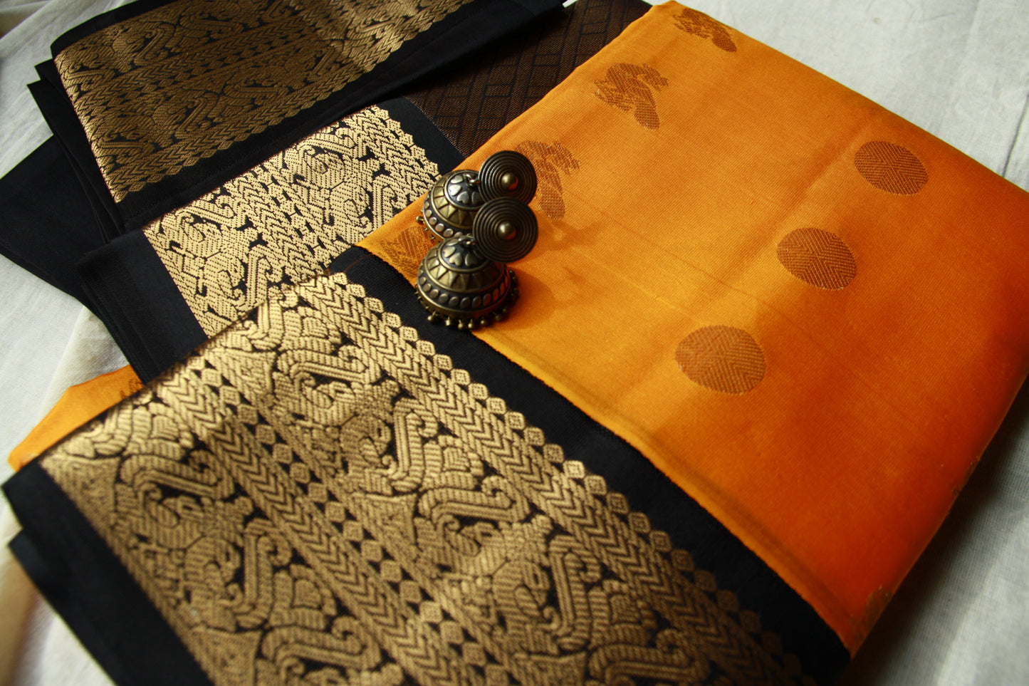 Mango Yellow Color Pure Silk Lightweight Kanjeevaram Saree peakcock motifs with contrast Black Golden Zari Pallu | Silk Mark Cert