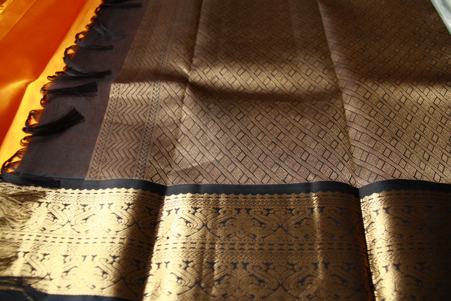 Mango Yellow Color Pure Silk Lightweight Kanjeevaram Saree peakcock motifs with contrast Black Golden Zari Pallu | Silk Mark Cert