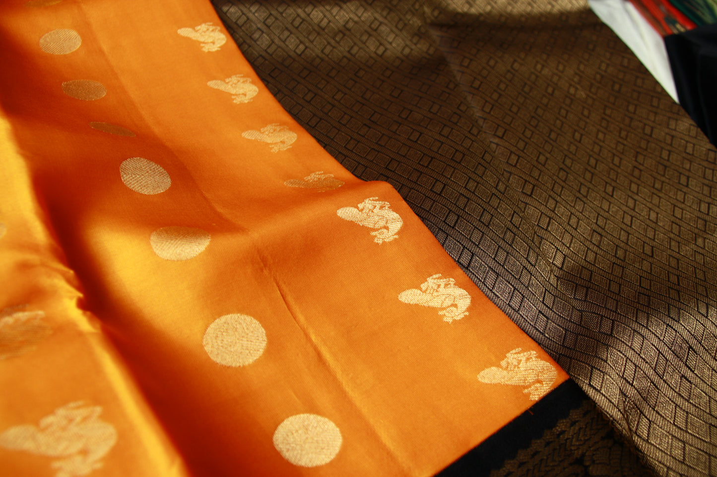 Mango Yellow Color Pure Silk Lightweight Kanjeevaram Saree peakcock motifs with contrast Black Golden Zari Pallu | Silk Mark Cert