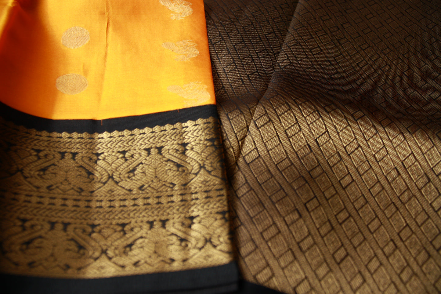 Mango Yellow Color Pure Silk Lightweight Kanjeevaram Saree peakcock motifs with contrast Black Golden Zari Pallu | Silk Mark Cert