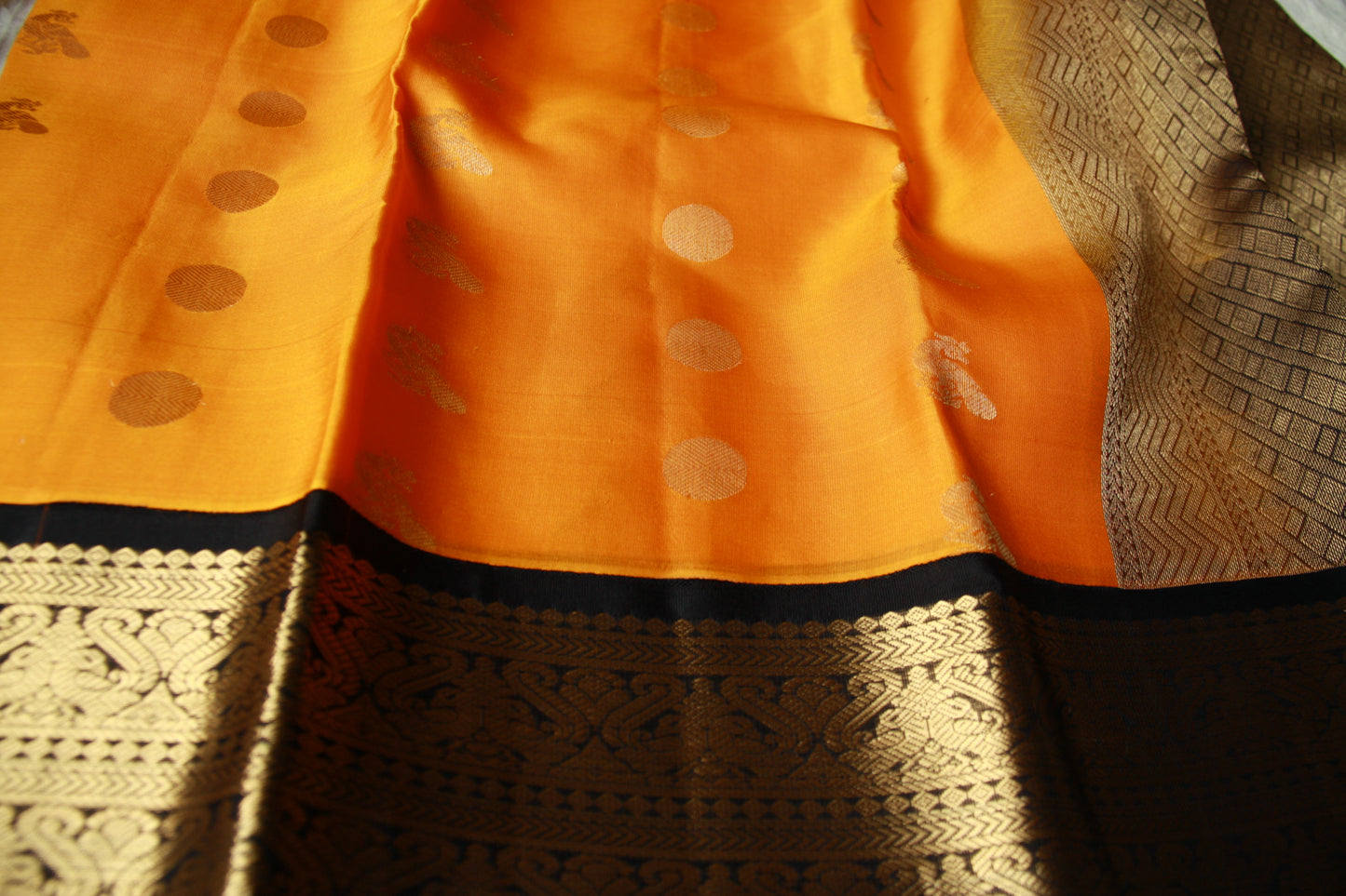 Mango Yellow Color Pure Silk Lightweight Kanjeevaram Saree peakcock motifs with contrast Black Golden Zari Pallu | Silk Mark Cert