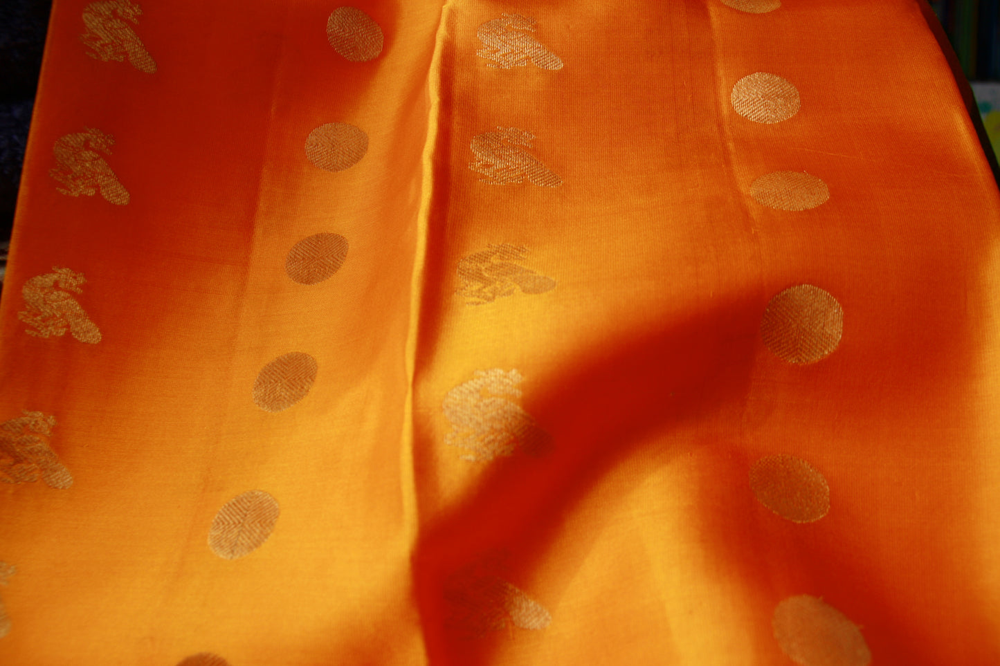 Mango Yellow Color Pure Silk Lightweight Kanjeevaram Saree peakcock motifs with contrast Black Golden Zari Pallu | Silk Mark Cert