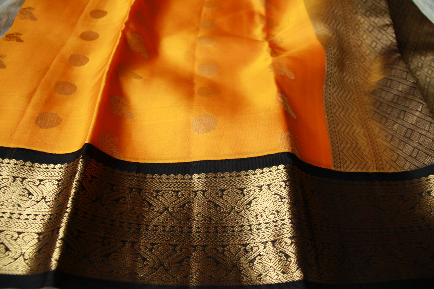 Mango Yellow Color Pure Silk Lightweight Kanjeevaram Saree peakcock motifs with contrast Black Golden Zari Pallu | Silk Mark Cert