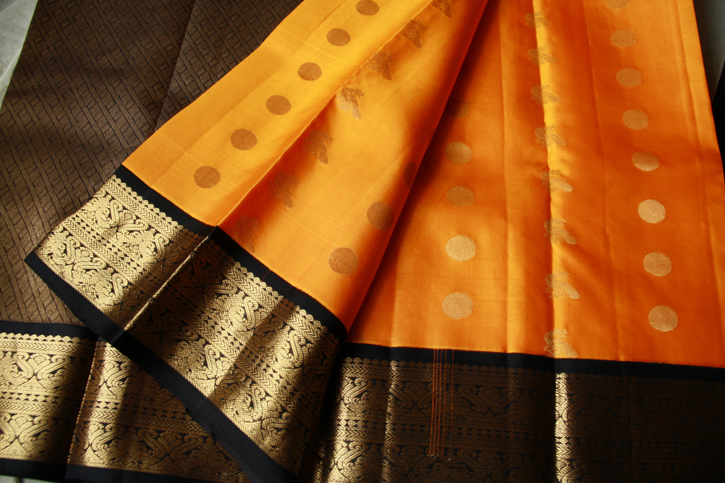 Mango Yellow Color Pure Silk Lightweight Kanjeevaram Saree peakcock motifs with contrast Black Golden Zari Pallu | Silk Mark Cert