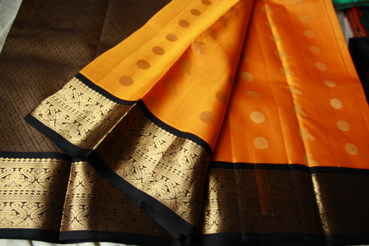 Mango Yellow Color Pure Silk Lightweight Kanjeevaram Saree peakcock motifs with contrast Black Golden Zari Pallu | Silk Mark Cert