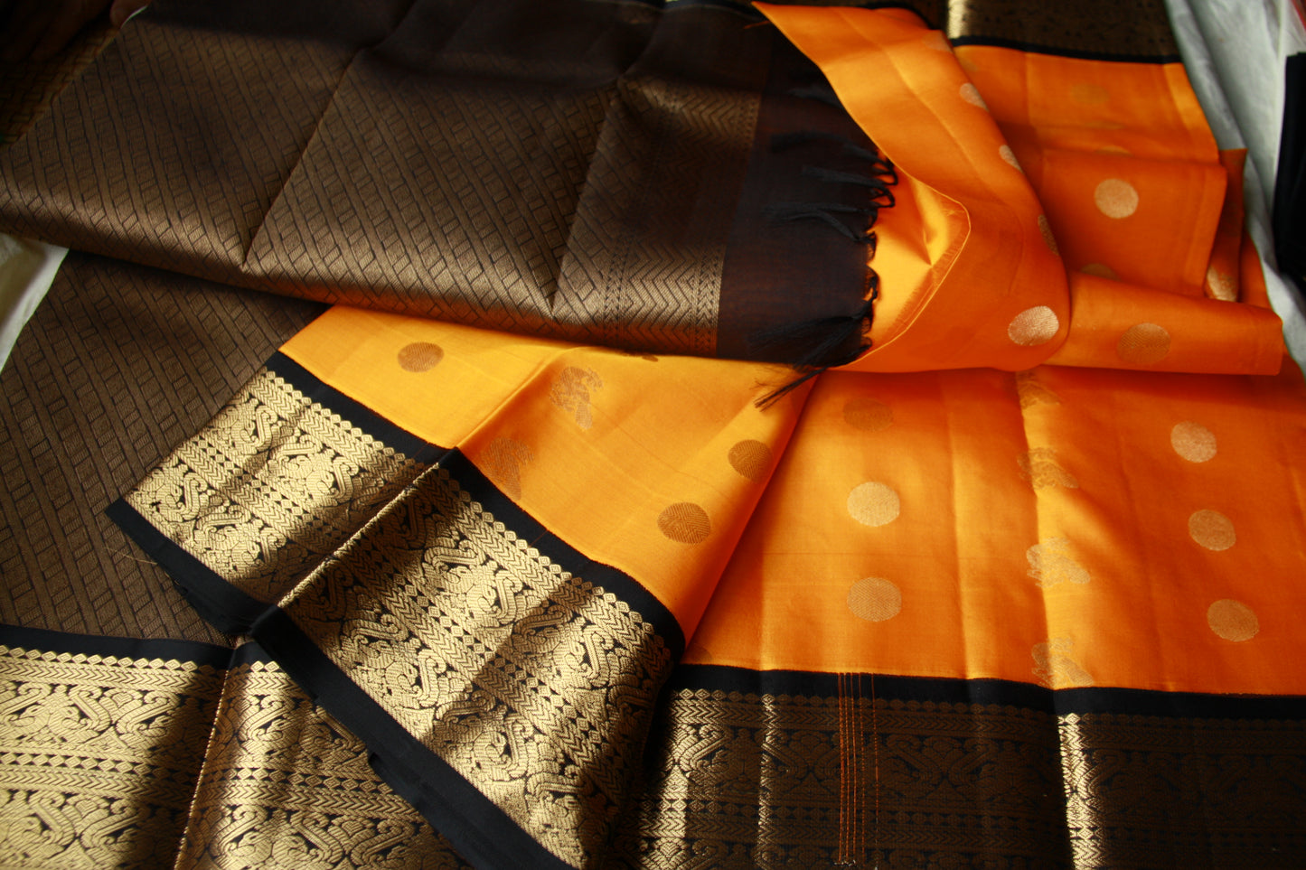 Mango Yellow Color Pure Silk Lightweight Kanjeevaram Saree peakcock motifs with contrast Black Golden Zari Pallu | Silk Mark Cert